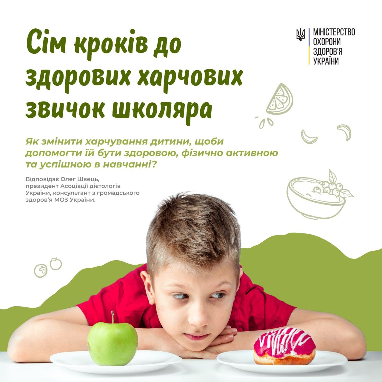 На зображенні дитина перед якою смаколик і яблуко, напис Як змінити харчування дитини, щоби допомогти їй бути здоровою, фізично активною та успішною в навчанні?