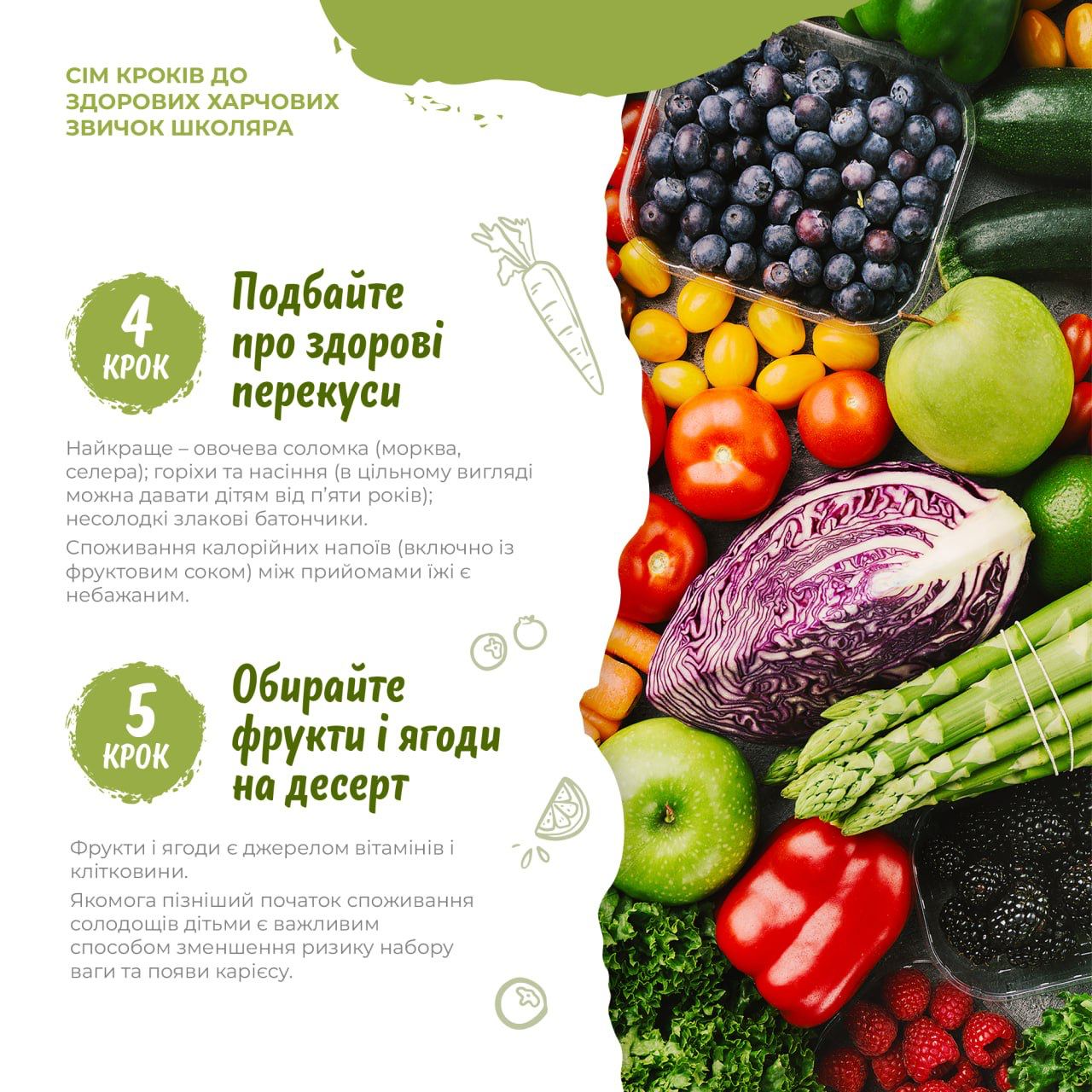 На зображенні овочі і фрукти в центрі напис: Крок 4 Подбайте про здорові перекуси, Крок 5 Обирайте фрукти і ягоди на десерт.