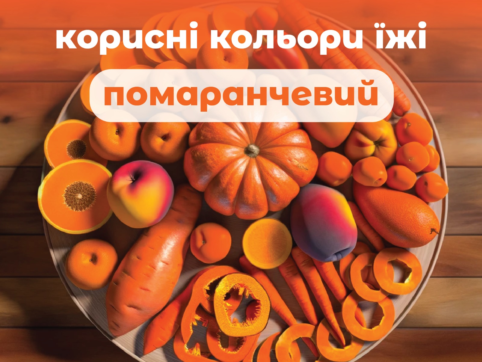 На зображенні овочі і фрукти що мають помаранчеве забарвлення у верхній частині напис: помаранчевий-корисні кольори їжі