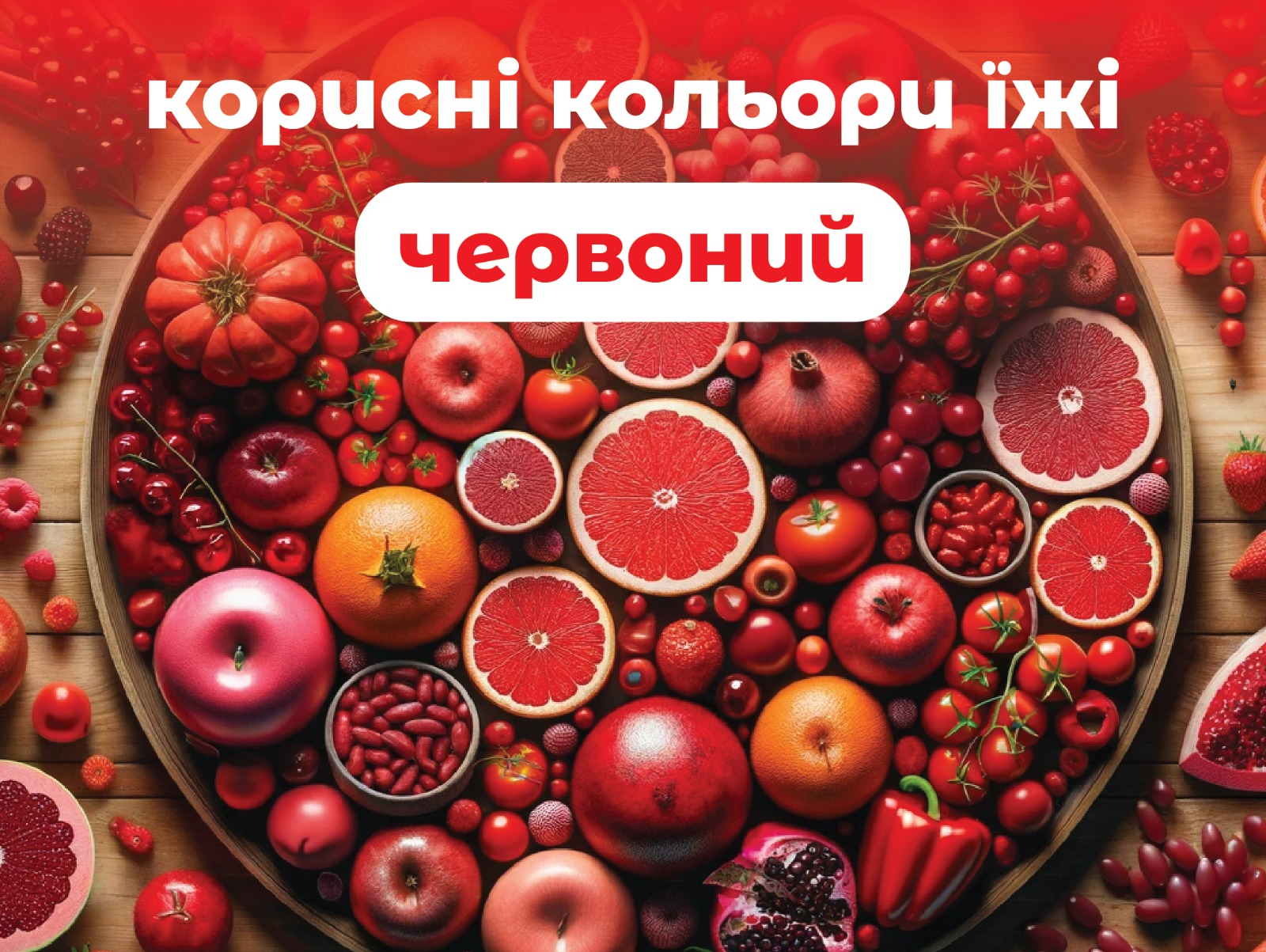 На зображенні овочі і фрукти що мають червоне забарвлення, у верхній частині напис: червоний-корисні кольори їжі