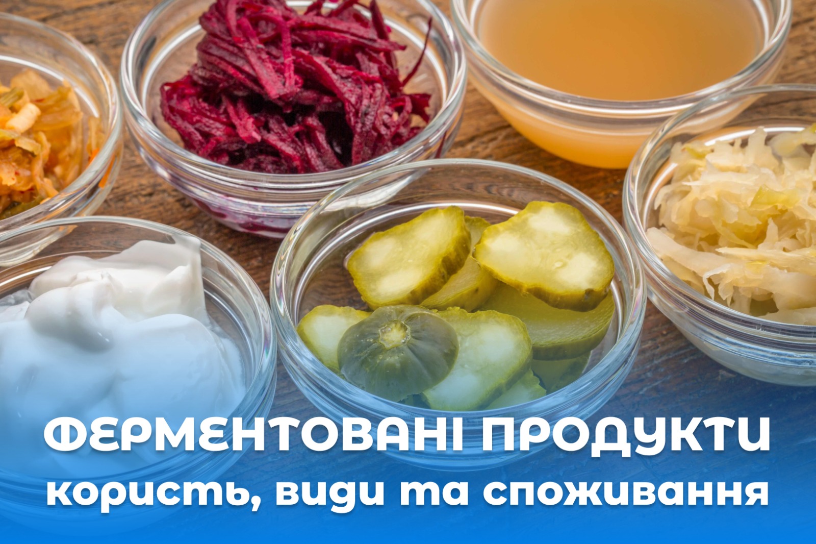 На зображенні різні ферментовані продукти (квашені огірки капуста, буряк, йогурт), в нижній частіні напис: Ферментовані продукти користь, види та споживання.
