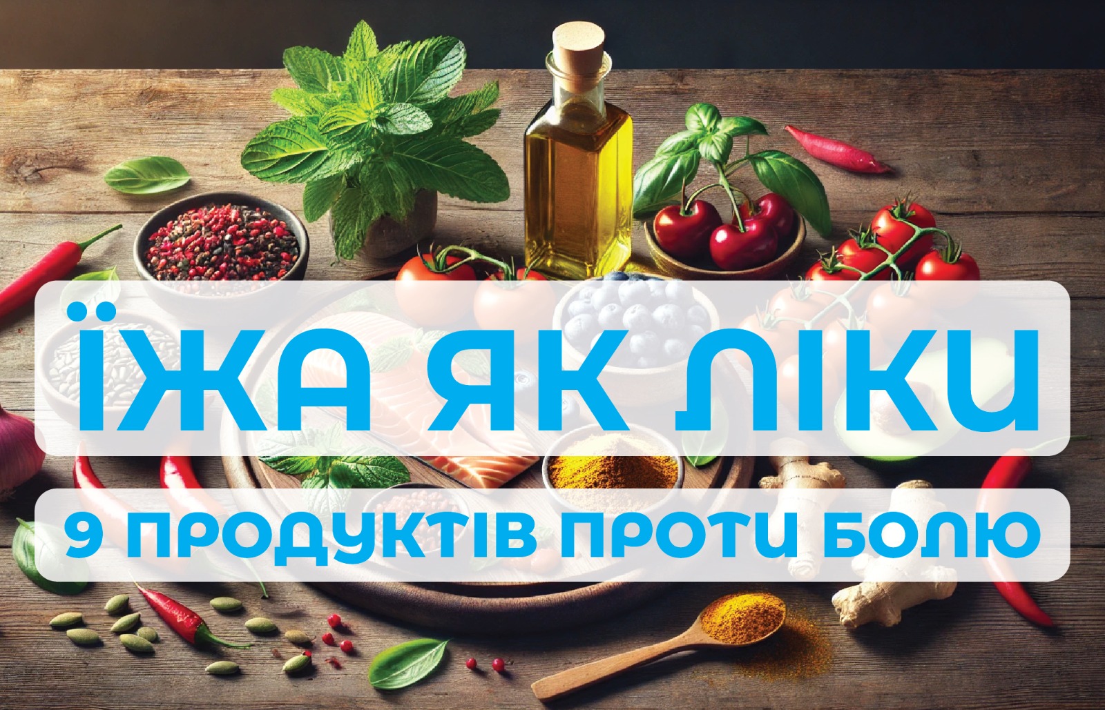 На зображенні фрукти, спеції , трави в нижній частині напис: «Їжа, як ліки 9 продуктів проти болю»